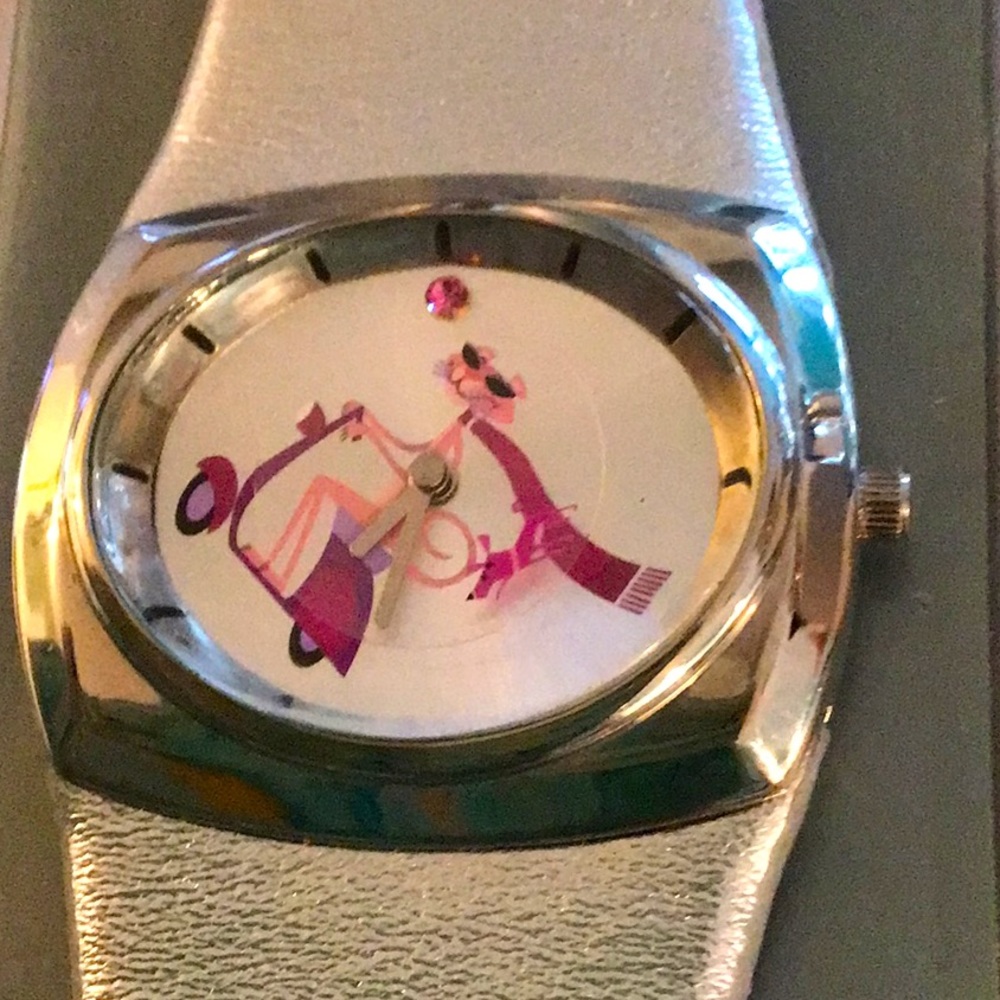 Xcetra Pink Panther collectable watch. Stainless case/ shiny silver band.